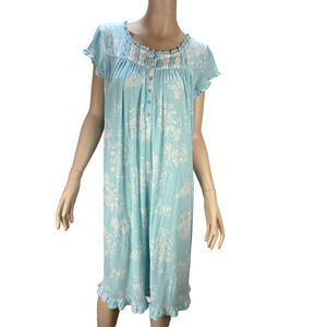Eileen West Womens Blue Floral Waltz Nightgown Size M Short Sleeve Lace Detail
